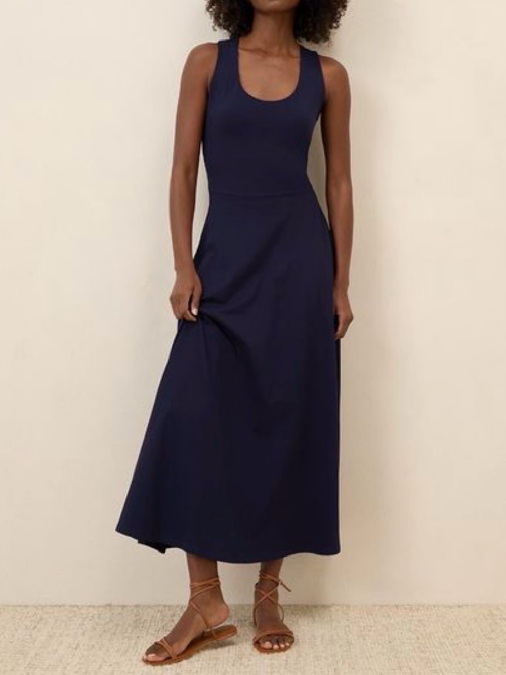 Pact Navy Scoop-Neck Open Back Fit and Flare Maxi Dress Sz M EUC
